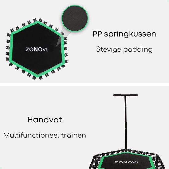 Close-up van de PP springkussen met stevige padding van een zwart-groene trampoline en een aparte afbeelding van de handvat.