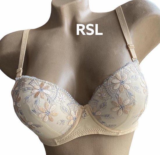 Beige push-up bh met bloemenborduurwerk, beugel en RSL-tekst op de cups.