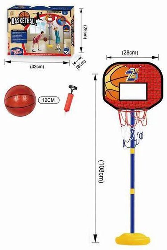 ZaciaToys Basketbal Standaard Verstelbaar voor Kinderen maximaal 108 cm hoog  - Inclusief bal en pomp - Mini-basketbalset - Basketbalring - Zacia