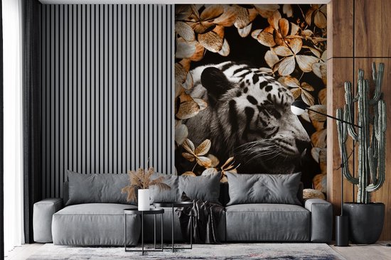 Papier peint - Papier peint photo Tigre - Zebra - Feuilles - Largeur 160 cm x Hauteur 240 cm