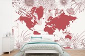 Carte du monde rose décorée d'illustrations de fleurs 390x260 cm