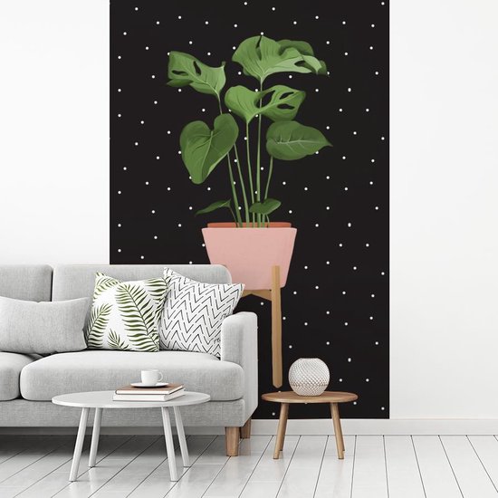 Illustration d'une plant Monstera sur fond noir à pois blancs 200x300 cm