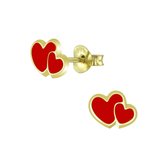 Joy|S - Zilveren hartjes oorbellen - dubbele hartjes - rood - 14k goudplating