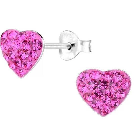 Joy|S - Zilveren hart oorbellen - 9 x 8 mm - magenta roze kristal