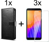 Huawei Y5P hoesje bookcase met pasjeshouder zwart wallet portemonnee book case cover - 3x Huawei Y5P screenprotector
