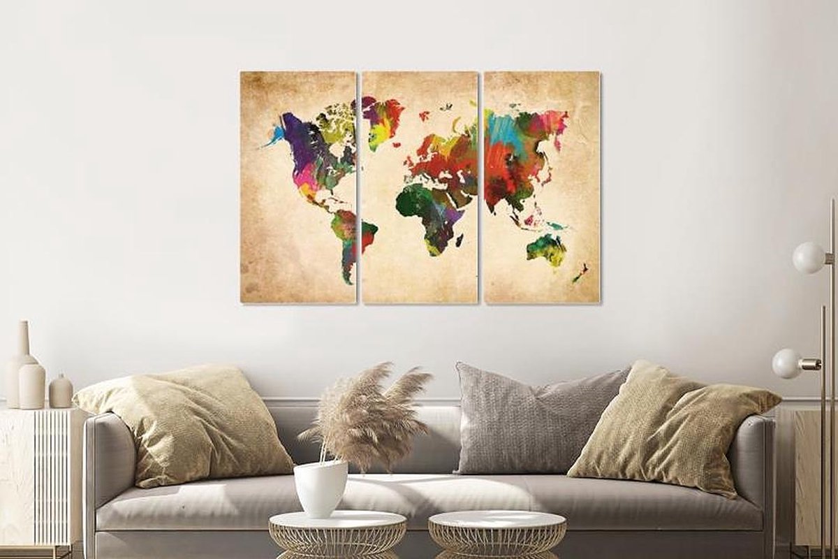karo-art Schilderij - Artistieke wereldkaart in kleuren, 120x80cm, 3 luik, premium print Multikleur