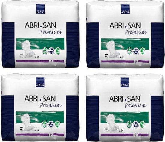 Vier verpakkingen Abena Abri-San Premium met "Air Plus" en "x 36".