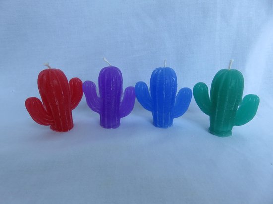 Kaars cactus set van 4, Rood rozengeur, Paars lavendelgeur, Blauw oceaangeur, Groen appelgeur