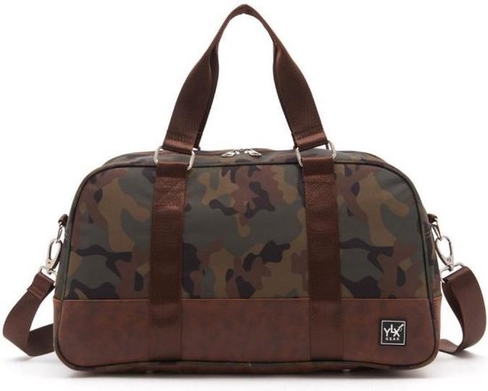 YLX Classic Duffel tas. Leger print. Bruin, groen, zwart. Recycled Rpet materiaal. Gerecyclede plastic flessen. Eco-friendly. Reistas / weekendtas / sporttas.