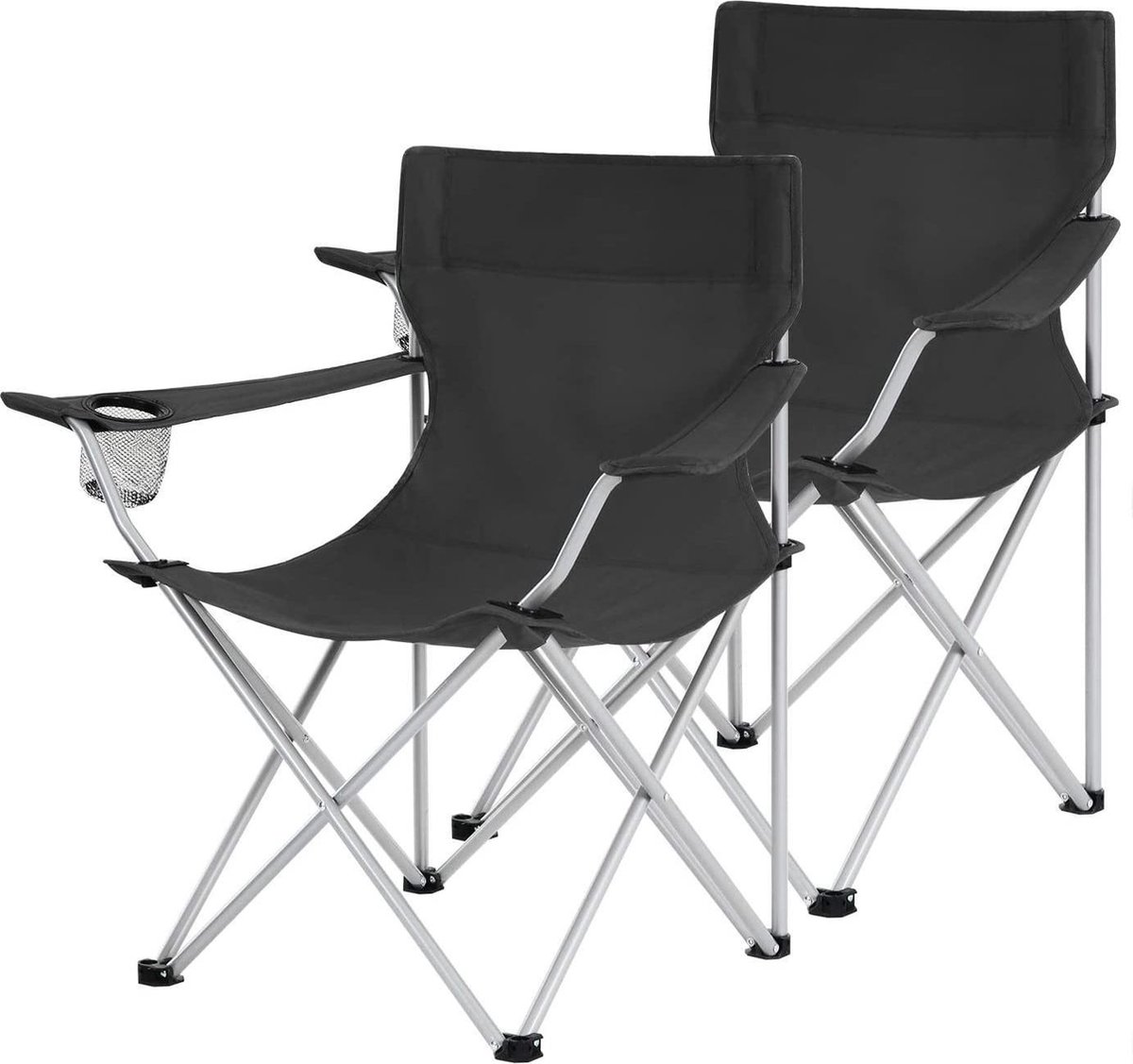 Set van 2 opklapbare campingstoelen, buitenstoelen met armleuningen en bekerhouder, stabiele structuur, Max. Capaciteit 120 kg, Zwart HMCB01BK