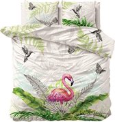 2-persoons dekbedovertrek wit met tropische flamingo, vogels en vlinders tussen bladeren en planten 200 x 220 cm