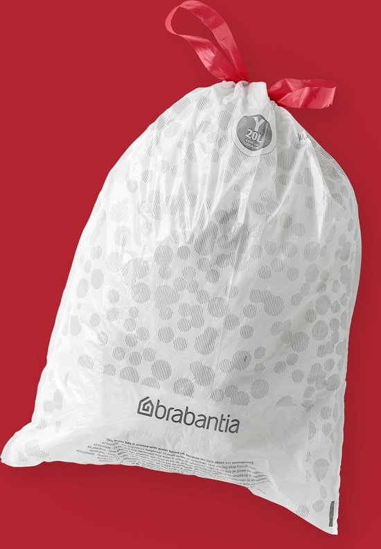 Witte Brabantia vuilniszak met grijs cirkelpatroon en rood trekband, op een rode achtergrond. Code Y, 20L.