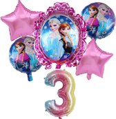Geweldig 6 delig roze tinten ballonpakket met 'Frozen Elsa en Anna' en grote cijfer 3 (80 cm hoog)