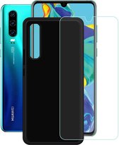 Silicone hoesje zwart met 2 Pack Tempered glas Screen Protector Geschikt voor : Huawei P30