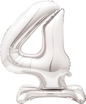 Folie Ballon Cijfer 4 Zilver met standaard 76cm