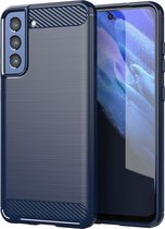 Samsung Galaxy S21 FE Hoesje - MobyDefend TPU Gelcase - Geborsteld Metaal + Carbonlook - Navy Blauw - GSM Hoesje - Telefoonhoesje Geschikt Voor Samsung Galaxy S21 FE