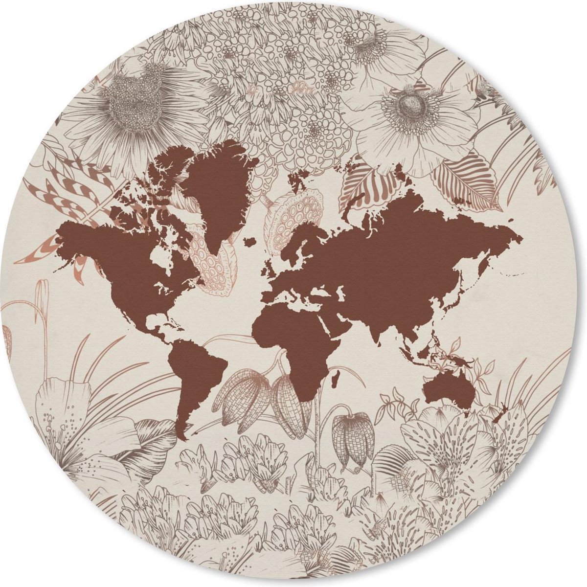 Muismat rond 20x20 cm - Mousepad Wereldkaart - Bloemen - Rood - Ronde muismatten