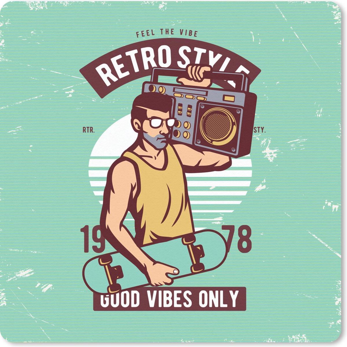 Muismat 20x20 cm - Mousepad Radio - Man - Skateboard - Retro - Muismatten