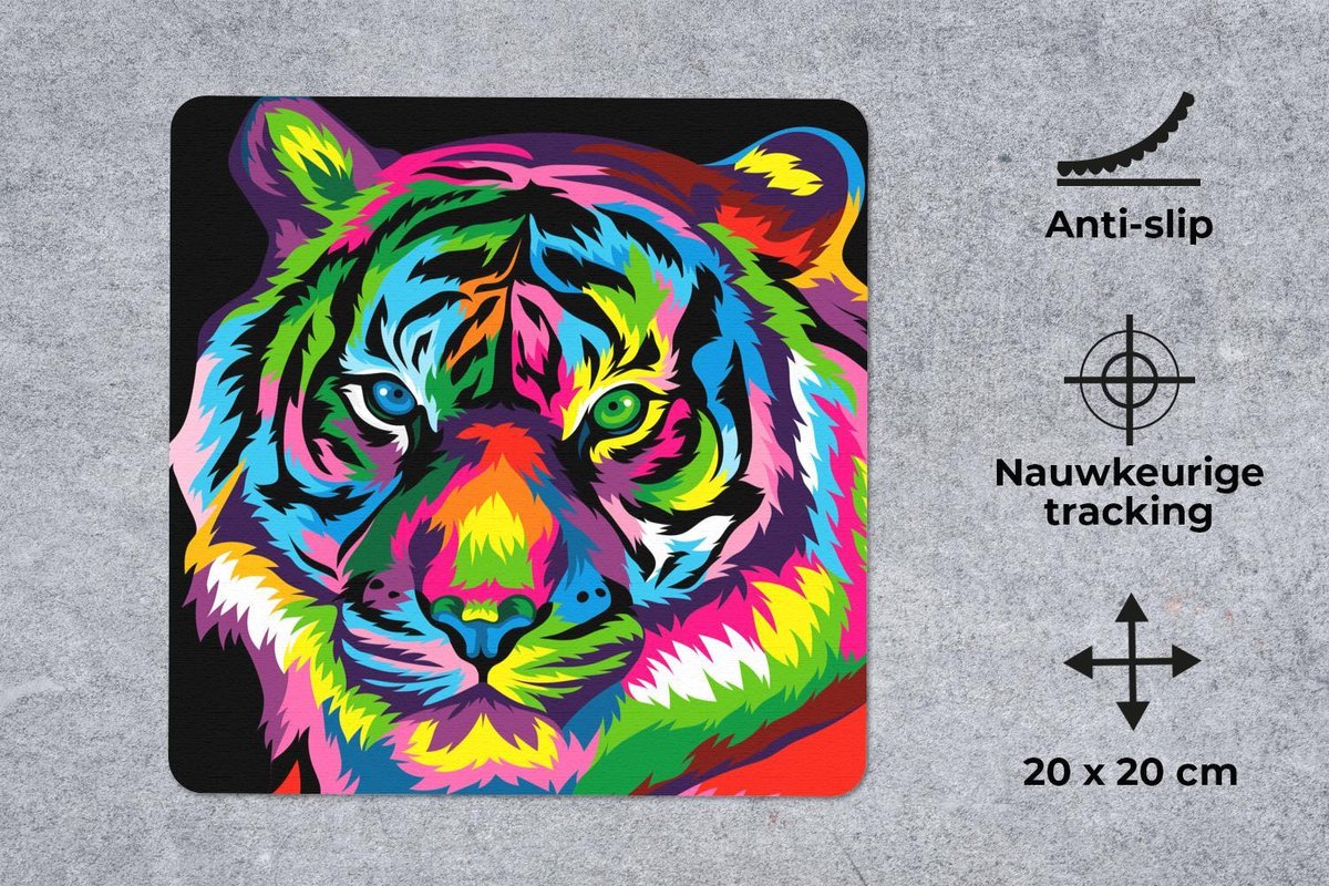 Muismat 20x20 cm - Mousepad Tijger - Regenboog - Zwart - Muismatten