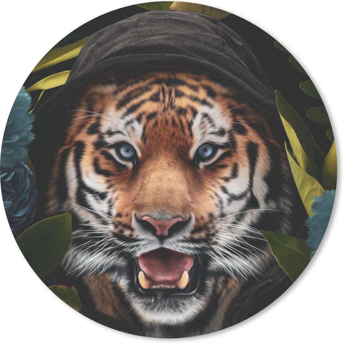 Muismat rond 30x30 cm - Mousepad Tijger - Bloemen - Blauw - Ronde muismatten