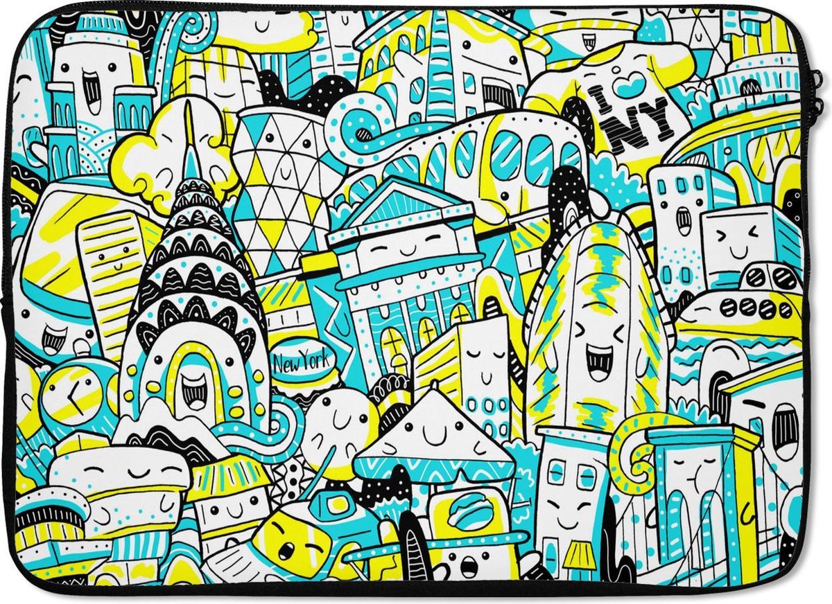 Laptophoes 14 inch - New York - Blauw - Geel - Laptop sleeve - Binnenmaat 33x23 cm - Zwarte achterkant