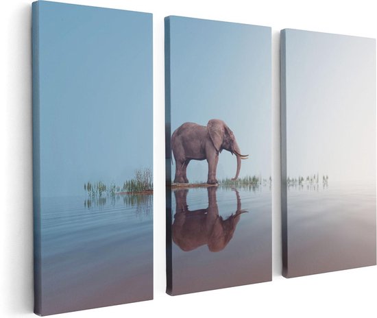 Artaza - Triptyque de peinture sur toile - Éléphant au bord de l' Water - 120x80 - Photo sur toile - Impression sur toile