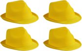 4x stuks trilby feesthoedje geel voor volwassenen - Carnaval party verkleed hoeden