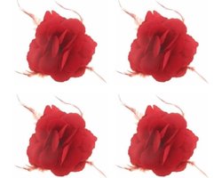 Set van 6x stuks decoratie of Hawaii/Spaanse haarbloem met veren rood 10 x 10 cm - carnaval verkleed haarbloemen