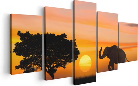 Artaza Canvas Schilderij Vijfluik Olifant Silhouet Tijdens Zonsondergang  - 100x50 - Foto Op Canvas - Canvas Print