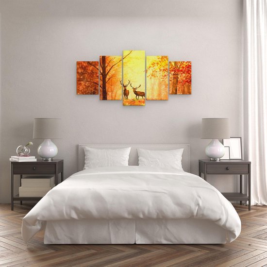 Artaza - Peinture sur toile Pentaptyque - Cerf dessiné dans la forêt - Automne - 100x50 - Photo sur toile - Impression sur toile