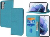Voor Samsung Galaxy S21 FE Geweven Textuur Stiksels Magnetische Horizontale Flip PU Lederen Case met Houder & Kaartsleuven & Portemonnee & Lanyard (Blauw)