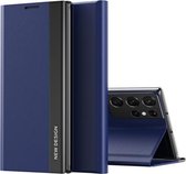 Voor Samsung Galaxy Note20 Ultra Side Electroplated Magnetische Ultradunne Horizontale Flip Leather Case met Houder (Donkerblauw)
