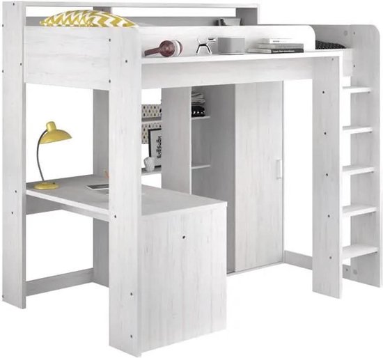 Mobistoxx Hoogslaper Harmony met bureau en kast, wit hout, pijnboom, 90x200, inclusief lattenbodem