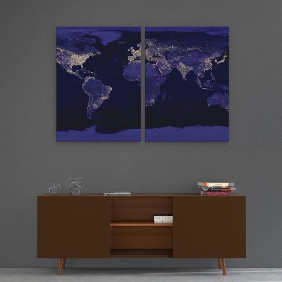 Artaza - Diptyque de peinture sur toile - Wereldkaart avec observations lumineuses - 120x80 - Photo sur toile - Impression sur toile