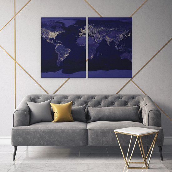 Artaza - Diptyque de peinture sur toile - Wereldkaart avec observations lumineuses - 120x80 - Photo sur toile - Impression sur toile