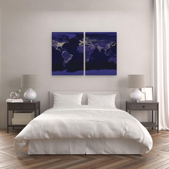 Artaza - Diptyque de peinture sur toile - Wereldkaart avec observations lumineuses - 120x80 - Photo sur toile - Impression sur toile