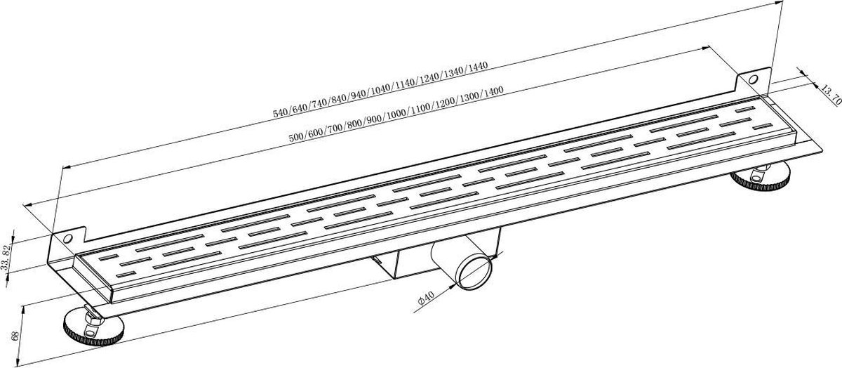 Dynamic Way douchegoot 1200 x 70 mm met muurflens rvs