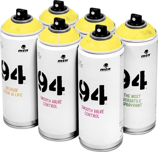 Six bombes de peinture avec capuchons jaune vif et le texte '94' sur les bombes blanches.