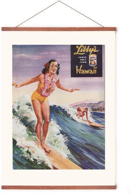 Poster In Poster Hanger - Vintage Surfing In Hawaii - Cadre Bois - Retro  Surf - 70x50