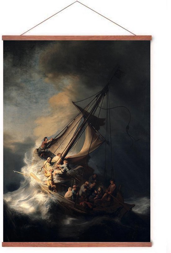 Poster In Posterhanger - Christus in de storm - Kader Hout - Rembrandt van Rijn - 70x50 cm - Ophangsysteem
