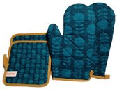 Ovenwanten Rechts 2 stuks + Bijpassende Pannenlappen 2 stuks - Zilveren Thermo Binnenzijde - Kleur Blauw-Groen - Keuken - Hittebestendig