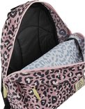 Open roze rugzak met panterprint en zwart gevoerd hoofdvak.