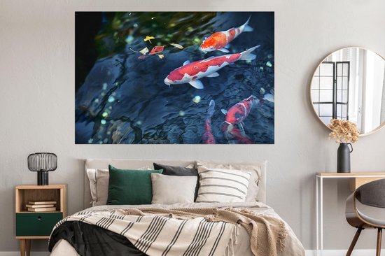 Poster Quatre carpes koï dans un étang 180x120 cm - Tirage photo sur Poster (décoration murale salon / chambre) / Poster Animaux sauvages XXL / Groot format!