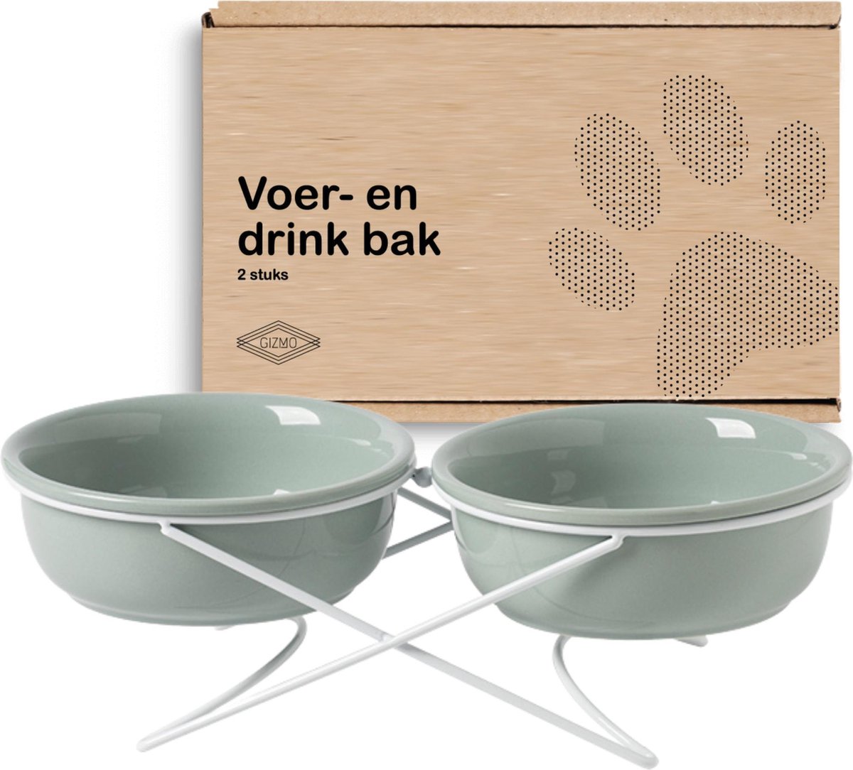 Bol.com GIZMO Voerbak Hond Dubbel - Lichtgroen - 2 Keramische Drink- & Voerbakken met Standaard - Drinkbak - 17.5 cm - 800ML aanbieding