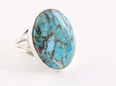 Grote ovale zilveren ring met blauwe koperturkoois - maat 18.5