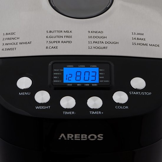AREBOS Broodbakmachine 1500g met 15 Programma's Timer Deeginstellingen 850W - Arebos