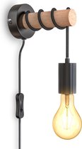 B.K.Licht - Wandlamp - met snoer - zwart - houten bedlamp - E27