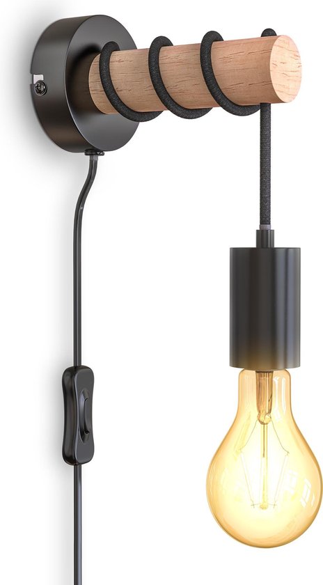 bijvoeglijk naamwoord deugd maak een foto B.K.Licht - Wandlamp - met snoer - zwart - houten bedlamp - E27 | bol.com