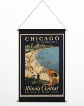Wanddoek Chicago - Vintage Travel - Reizen Textielposter - 90x60 cm - Retro Wandkleed Woonkamer / Slaapkamer - Wanddecoratie Stof