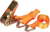 Toolland Spanband, tweedelig, met ratel en J-haken, voor het vastzetten van lichte ladingen, max. 500 kg, polyester, oranje, 1.5 m x 25 mm, 1 stuk